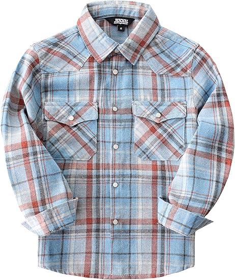 JOGAL Boys Western Shirt Long Sleeve Pearl Snap Plaid Shirts Lightweight Flannel Shirts for Kids (9-10 Years, Blue Gray)