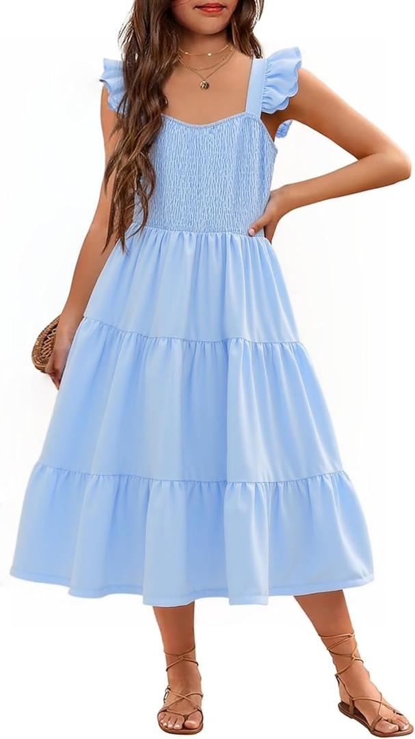 RETSUGO Girls Dresses Summer Flutter Sleeve Swing Casual Solid Color Tiered Smocked Dress 6-14 Years Old (12-13 Years, Baby Blue)