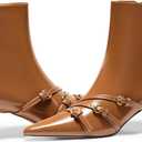 Coutgo Womens Buckle Strap Ankle Booties Kitten Low Heel Pointed Toe Y2K Boots Side Zipper Fall Shoes (8, Brown)