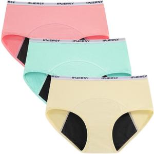 INNERSY Period Underwear for Teens Girls Cotton Leak-Proof Menstrual Panties 3-Pack (12-14 Years, Brights)