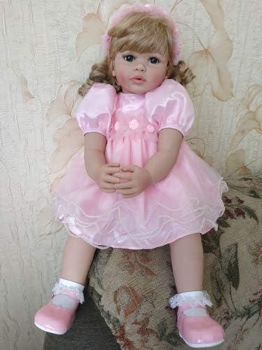 Angelbaby 24 inch 60CM Toddler Size Reborn Baby Girl Dolls Long Curly Blonde Hair Big Blue Eyes Princess in Pink Skirt Lifelike Soft Silicone Snuggly Weighted Child Dolls for Collectible Gifts