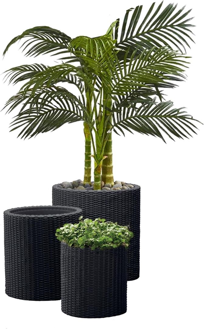 Keter Cylinder Set of 3 Rattan Resin Planter for Indoor and Outdoor Plants Ideal Decorative Planter for Porches and Patio Decor, Black