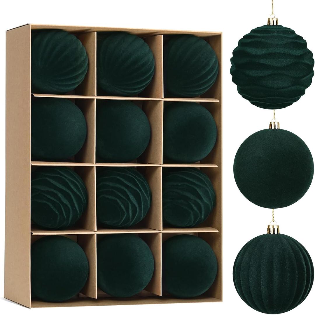 Waipfaru 12Pcs Velvet Ornaments for Christmas Tree, 3.15 Inch Dark Green Velvet Christmas Ornaments Balls Set, Large Shatterproof Flocked Hanging Ornaments for Xmas Tree Wreath Garland Home Decor