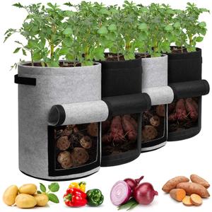 Homyhoo Potato Grow Bags with Flap 10 Gallon, 4 Pack Planter Pot with Handles and Harvest Window for Potato Tomato and Vegetables, Black and Gray