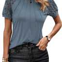 Summer Lace Short Sleeve Top for Women Fashion Pleated Crewneck Loose Blouses (L)