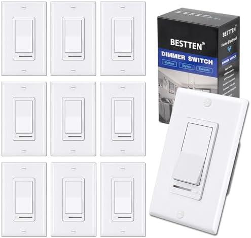 BESTTEN 10 Pack Dimmer Light Switch, Single-Pole or 3-Way Dimmer Switches, 120V, Compatible with Dimmable LED, CFL, Incandescent and Halogen Bulbs, Decorator Wallplate Included, UL Listed, White