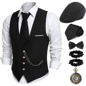 PARTTELY 1920s Mens Costume,Roaring 20s Costumes for Men,1920S Mens Outfit Accessories with Vest Hat Pocket Watch Tie Armband, Size L 