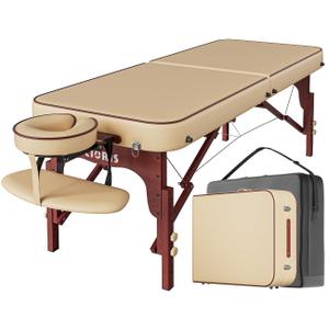 CLORIS 84" Professional Massage Table Portable Reinforced Wooden Leg Hold Up to 1100LBS 2 Folding Lightweight Spa Solon Tattoo Massage Bed Height Adjustable with Carrying Bag (Cream-brown Edge)