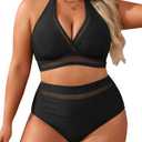 Tempt Me Women Plus Size Bikini High Waisted Swimsuits Mesh Tummy Control Two Piece Bathing Suit (Black)