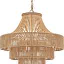 Wood Beaded Rattan Chandelier Boho Hand Woven Pendant Light 6-Lights Adjustable Coastal Pendant Lighting Fixtures for Dining Living Room Kitchen Hallway, Dia 20, UL Listed