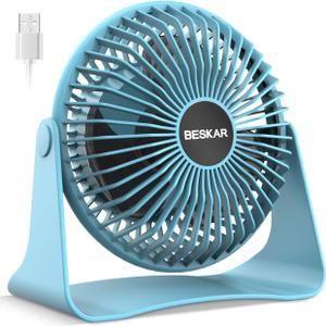 BESKAR USB Small Desk Fan, Portable Fans with 3 Speeds Strong Airflow, Quiet Operation and 360Rotate, Personal Table Fan for Home,Office, Bedroom- 3.9 ft Cord/Blue