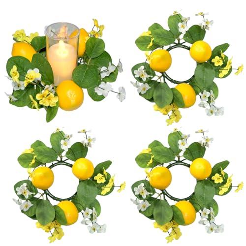 3Pcs Lemon Candle Rings Wreaths 3inch Center Decorative Greenery Candle Holder Rings with Flowers Spring Mini Wreaths for Pillar Wedding Farmhouse Front Door Wall Table Centerpiece Home Decorations
