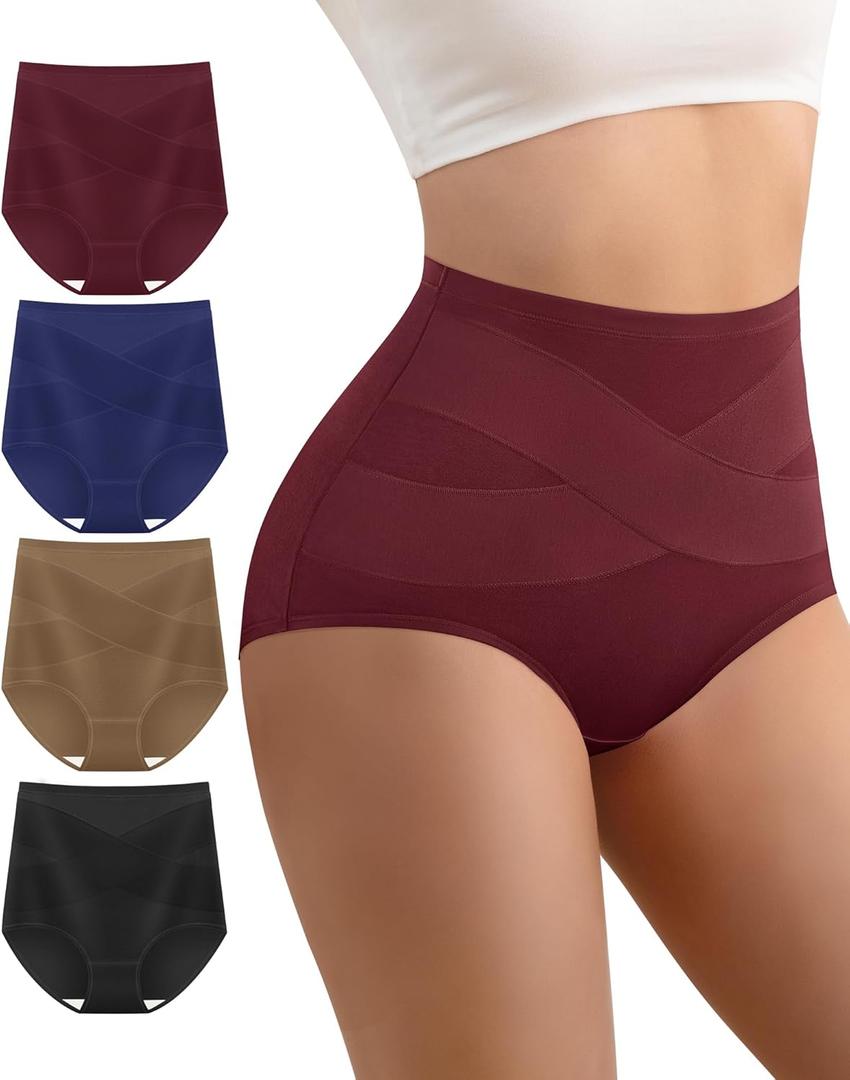 Women's High Waisted Cotton Underwear Panties Ladies Stretch Breathable Full Coverage Briefs 4 Pack (L)