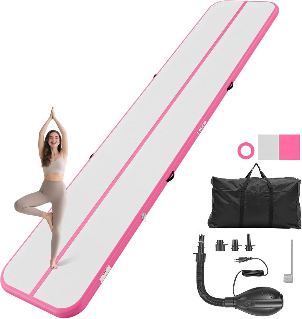 VEVOR Inflatable Gymnastics Air Mat Tumble Track with Pump for Training, 10/13/16.4/20ft Sizes, 4/8 In Thick PVC Air Tumbling Mat for Home/Yoga/Gym, Pink, 16.4 FTx3.3 FT (5×1×0.1m)