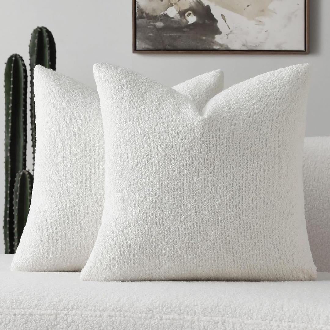 FUTEI Pack of 2 White Decorative Throw Pillow Covers 20x20 Inch Soft Cozy Solid Boucle Textured Cushion Case,Modern Home Decor for Couch Bed Living Room