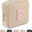 MAGEFY Makeup Bag for Purse Initial Bags with Zipper Mini Cosmetics Bag Corduroy Cute Cosmetic Pouch for Women with Slip-in Pockets (Beige-F)