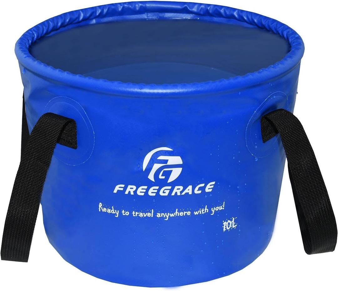 Premium Collapsible Bucket by Freegrace - Compact Portable Folding Water Container - Lightweight & Durable - Includes Handy Tool Mesh Pocket (10L, Navy Blue)