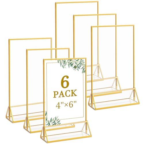 Floroom 6 Pack 4x6 Inch Clear Acrylic Sign Holders, Double-Sided Gold Display Stand Picture Frames for Table Numbers, Menus, Flyers, Weddings, and Offices