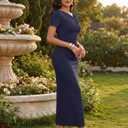MEROKEETY Women's Summer Short Sleeve Maxi Dress Elegant Ruched Side Slit Formal Wedding Guest Cocktail Prom Dresses (Blue, L)