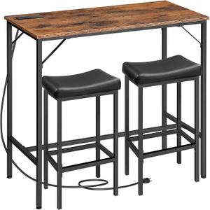 HOOBRO 3-Piece Bar Table and Chairs Set, 39.4" Pub Table, High Top Bar Table with Charging Station, 3-Piece Dining Table Kitchen Breakfast Table Set, for Kitchen, Small Space, Rustic Brown BF10UBT01