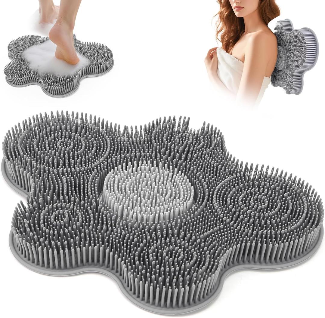Shower Foot Scrubber Mat Silicone Back Exfoliating Cleaner, Feet Message Bath Washer Pad with Suction Cups for Wall Non-Slip - Itchy Toes Dead Skin Beauty Deep Clean Soft Bristles 14.2 * 11.2in Grey