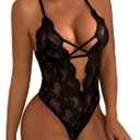SOLY HUX Women's Floral Lace Criss Cross Lingerie Bodysuit Backless Deep V Neck Sheer Teddy Bodysuits Small