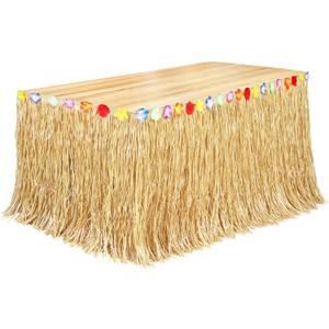 Fovths Luau Grass Table Skirt Natural 9 Feet x 29.5 Inch Hawaiian Table Skirt for Tropical Hawaiian Party Decorations Luau Costume Party, Straw Yellow