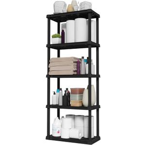 IRIS USA 5-Shelf Light Duty Plastic Storage Shelves, 250lb Capacity, 64" H x 24" W x 12" D, Medium Modular Shelving Unit Storage Organizer for Bathroom, Laundry, Garage & Home, Storage Rack - Black