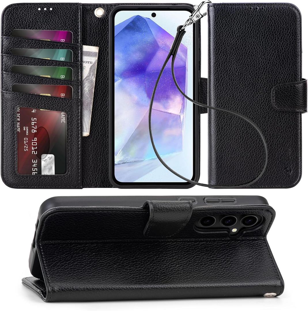 Arae Case for Samsung Galaxy A55 Wallet Case Flip Cover with Card Holder,Faux Leather Galaxy A55 Case Wallet for Women and Men with Kickstand Wristlet Strap RFID Blocking, Litchi Black