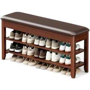 LBT Shoe Bench with Storage, Solid Rubberwood Shoe Rack Bench for Entryway, Adjustable 6.3" Shelf Fits High-Top Shoes & Boots, Hidden Storage Compartment, Cushion Seat, Stay-Open Hinge, Walnut