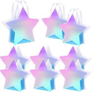 Sweetude 12 Pcs Star Shaped Party Favor Bags with Handle Mini Iridescent Paper Gift Goodie Bags for Holiday Wedding Birthday Party Supplies(Stylish Style)