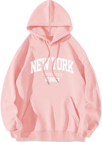 ORANDESIGNE Letter Graphic Print Hoodies for Women Oversized Long Sleeve Casual Drawstring Fall Pullover Sweatshirt Tops NEW YORK Light Pink X-Large