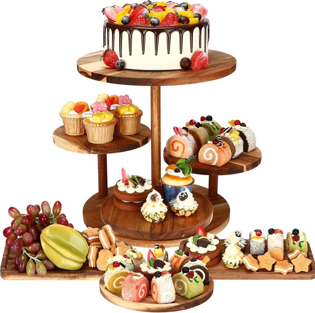 Hushee 4 Pcs Wood Round Cupcake Tower Stand with Serving Platters Trays Set, 4 Tier Wooden Cake Stand Tray with 1 Round Dinner Plate 2 Rectangular Plates for Dessert Snack Party(Brown)