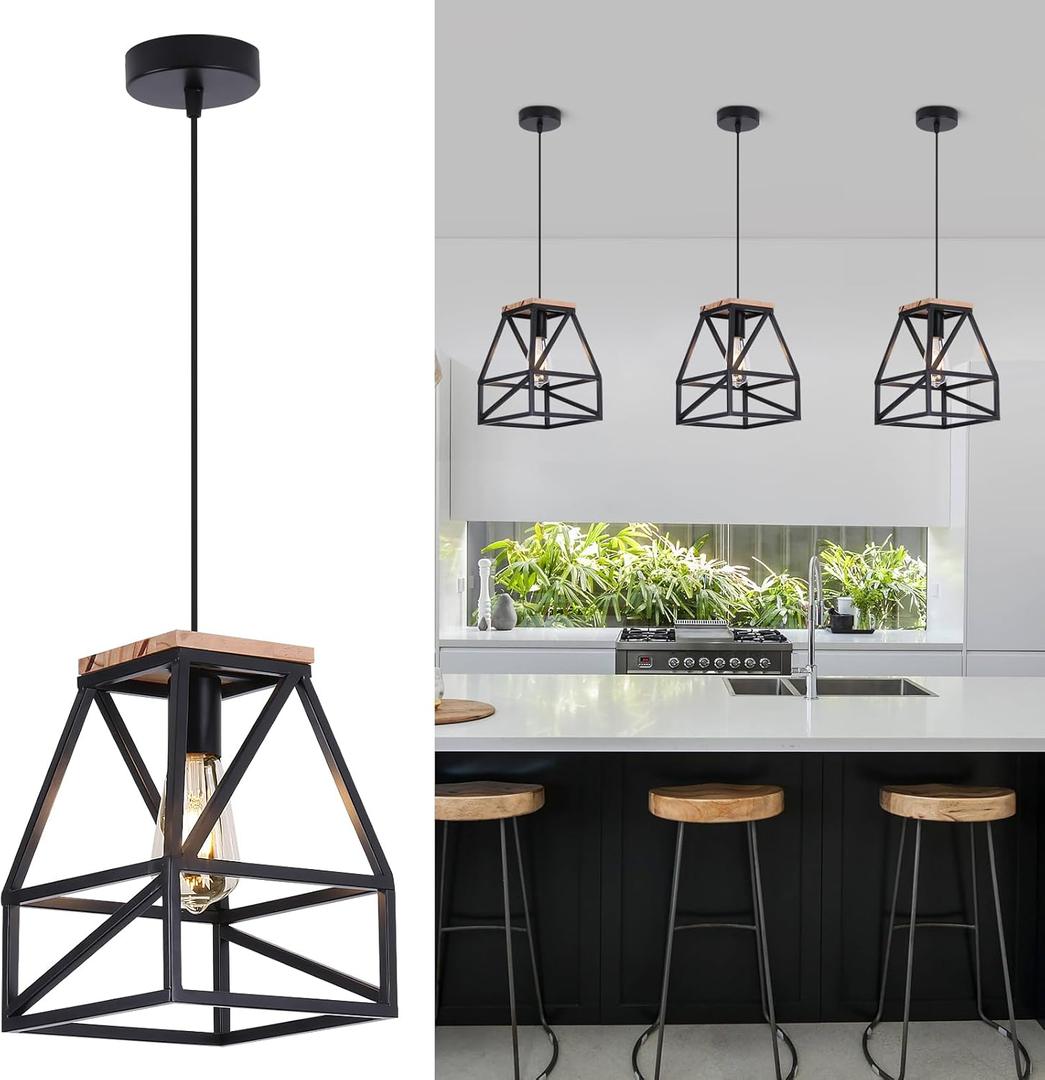 Farmhouse Pendant Light, Metal and Wood Chandelier Light Fixture, Rustic Pendant Lighting for Kitchen Island, Bedroom, Dining Room and Entryway