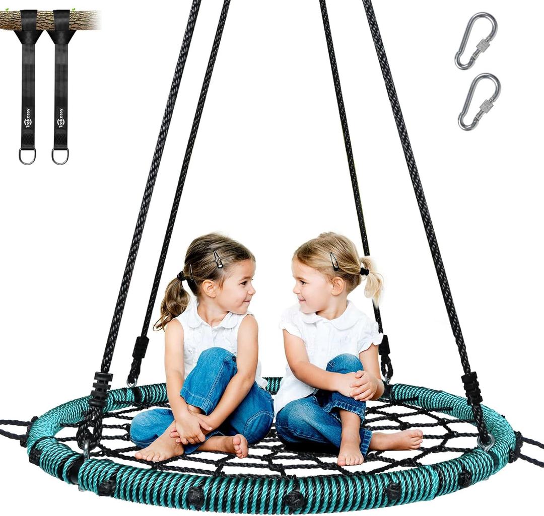 Trekassy 750lbs 40" Spider Web Saucer Tree Swing for Kids Adults, Outdoor Net Swing with Steel Frame and 2 Hanging Straps-Green (Patented)