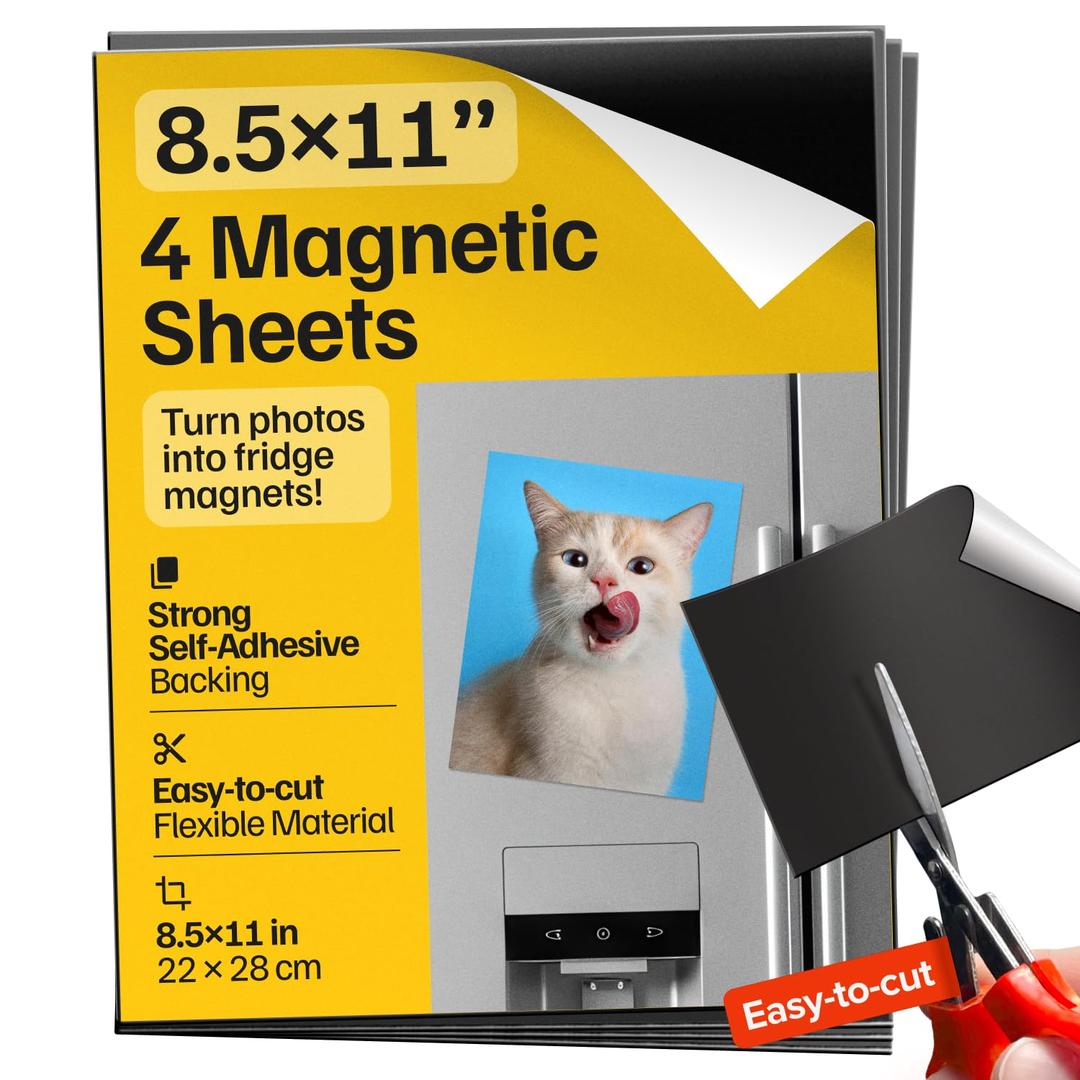 Strong Self-Stick Adhesive Magnetic Sheets 4 Pcs (8.5x11"/22x28cm)  Customizable Magnetic Paper for Photo, Magnet Stickers, Labels, Crafts; for Fridge, Lockers, Whiteboards, Office, Projects (Black)