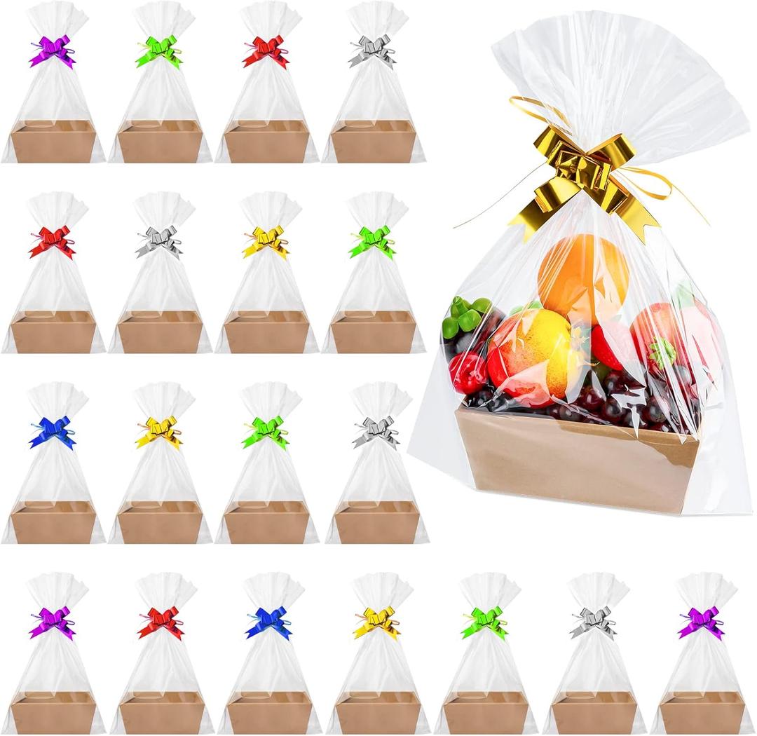 Fainne 74 Pcs Baskets for Gifts Empty Bulk DIY Empty Gift Basket Include 20 Kraft Cardboard Tray with Handles 30 Bags 24 Bows for Christmas Thanksgiving Birthdays Snacks Party, 8" x 6" x 3"(Brown)