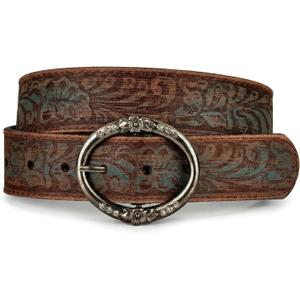 BC Belts Distressed and Embossed Brown Teal Leather Belt with Rhinestone Ring Buckle - Vintage Western Style for Women (Medium (30-32" Waist))