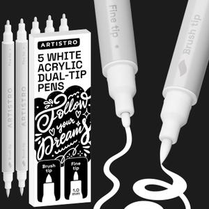 ARTISTRO 5 White Acrylic Paint Markers - Paint Pens for Drawing, Brush + Fine Tips - For Fabric, Rock, Glass, Wood, DIY, Eggs - Art & Craft Supplies for Adults, Teens, Kids - Easter Basket Stuffers