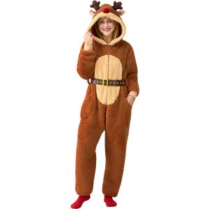 Giggling Getup Adult Womens Christmas Pajamas, Sherpa Fleece Pajamas Women, Reindeer Hoody Holiday Jumpsuit