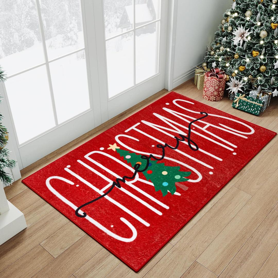 HUGEAR Christmas Area Rug 2x3 Entryway Rug Machine Washable Rugs Red/Green Christmas Decorative Doormat Low Pile Carpet Xmas Non-Slip Small Rug for Bedroom Kitchen Entryway Bathroom Kitchen