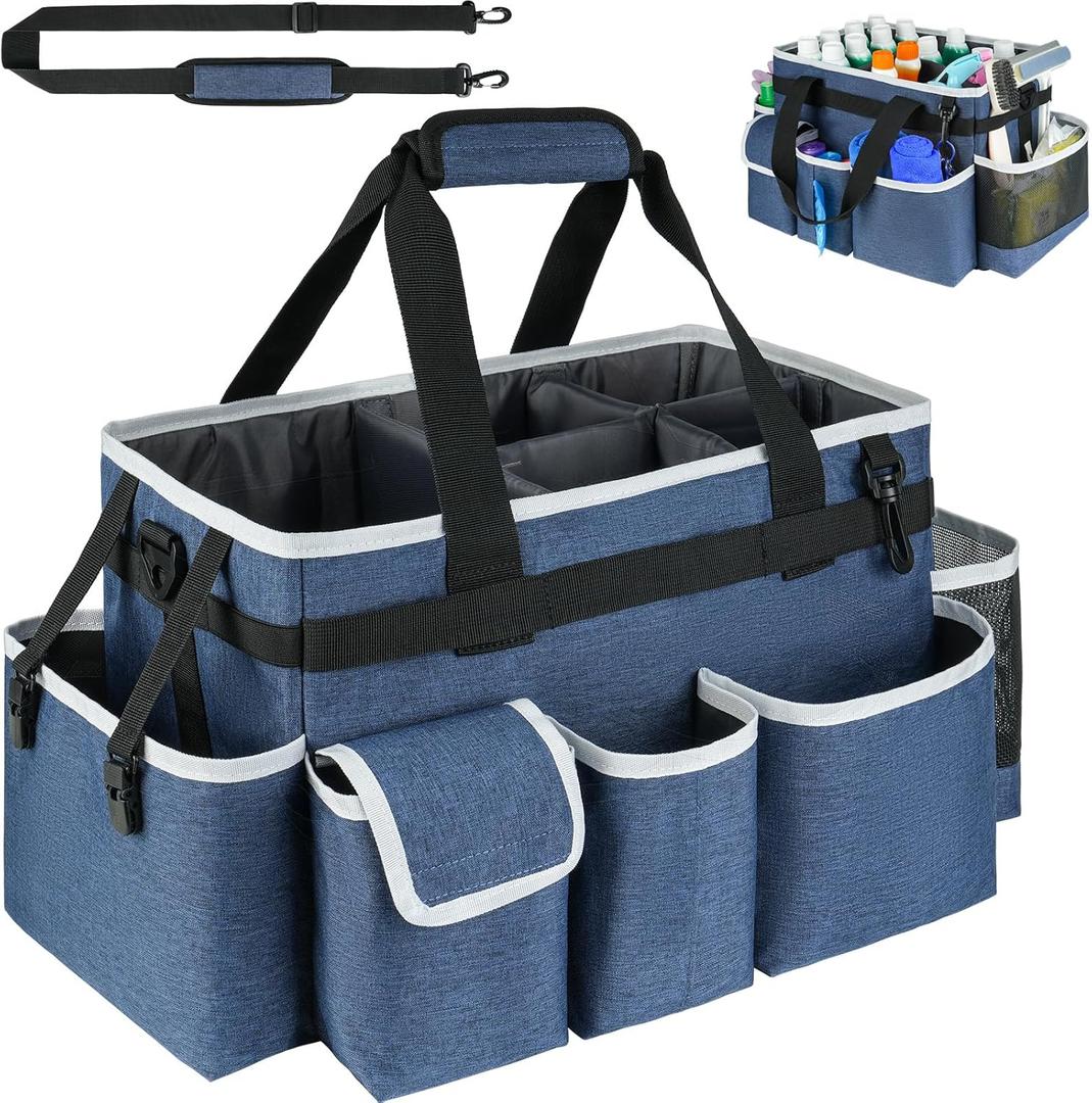 Cleaning Caddy Bag,Large Cleaning Supplies Organizer with Handle for Housekeepers, Blue