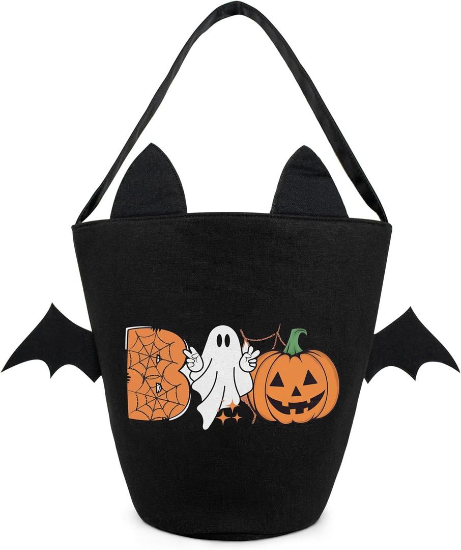 Lamyba Halloween Trick or Treat Bags for Kids,Reusable Treat Bucket Candy Buckets & Tote Bags for Halloween Parties,Cute Boo Basket with Ghost Design, Black