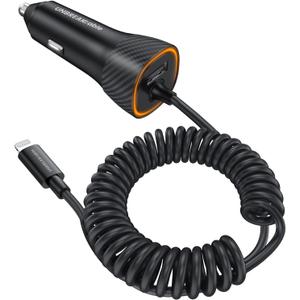 32W iPhone Car Charger - UNBREAKcable [PD 20W Quick Charge] [Apple MFI C94 Certified] Phone Cigarette Lighter with Built-in 5FT Lightning Cable for Apple iPhone 14/13/12/11/Xs/XS Max/XR/X/8-Orange