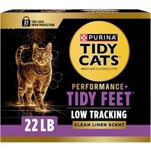 Purina Tidy Cats Performance PlusTidyFeet Scented Low Tracking Cat Litter, Clumping, Multi-CatOdor Control Kitty Litter with Clean Linen Scent - 22 lb. Box