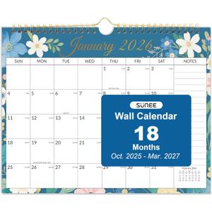 4 x SUNEE 2026 Calendar- 18 Months Wall Calendar Oct. 2025 - Mar. 2027, 14.5"x11.5" Hanging Calendar with Note for Organizing & Planning, 2026 Monthly Calendar with Next Month, Floral