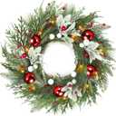 Timer - 20 Inch Real Touch Christmas Wreaths for Front Door, Lighted Christmas Wreath with 30 Lights Norfolk Pine Aspen Fir Needles & Cypress Leaves Balls Berries Xmas Wreath for Home Outdoor Indoor