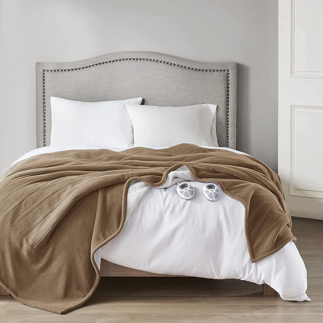 Serta Heated Blanket - Reversible Fleece to Sherpa Electric Blanket, Fast Heating, Auto Shut Off Timer, Multi Heat Setting, ETL Certified, Machine Washable, Stone Brown King 90"x 100"