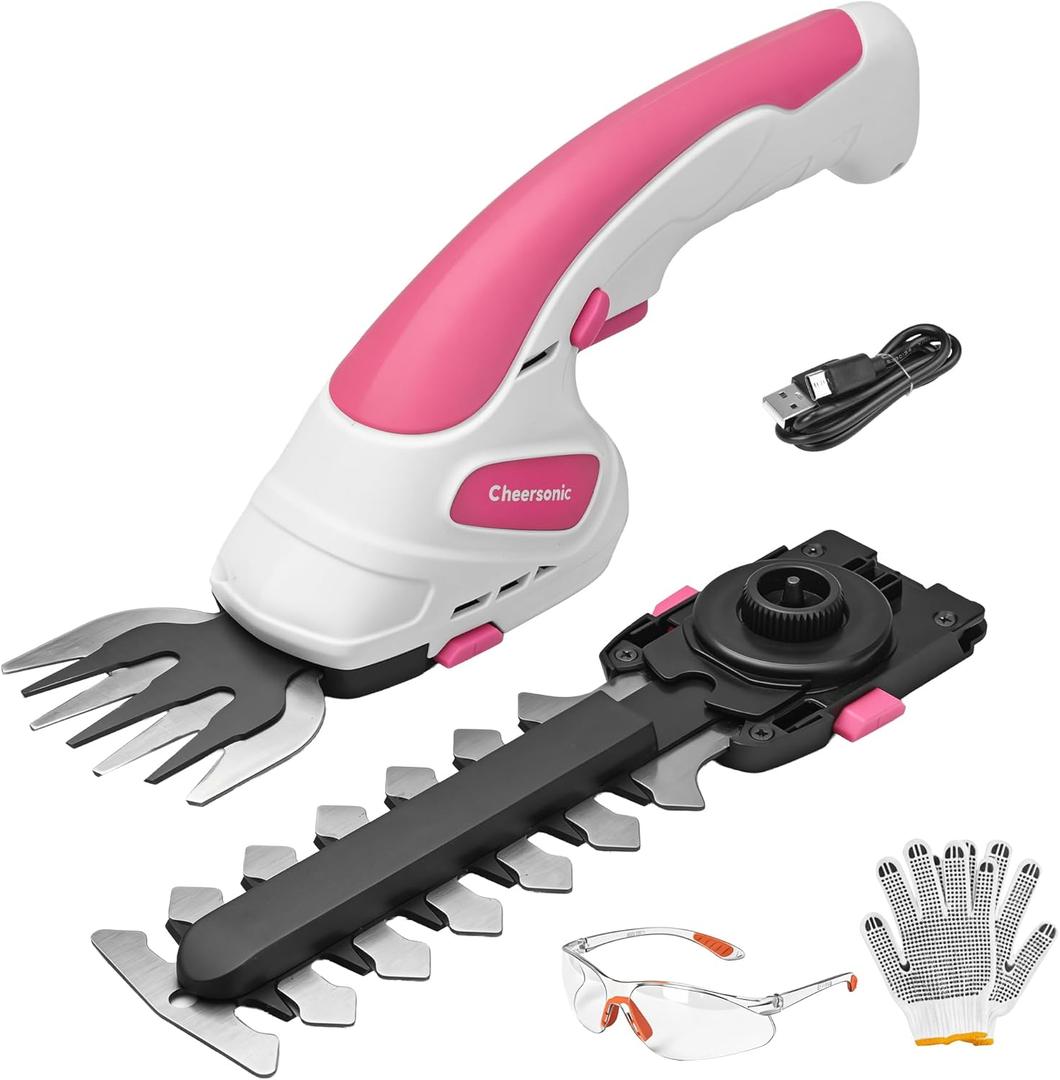 Cordless Grass Shear & Hedge Trimmer 7.2V Handheld Electric Grass Trimmer with 2 * 2000mAh Battery 2 in 1 Lightweight Shrub Trimmer Type-C Cable for Small Bushes, Lawn Edging & Garden Pink