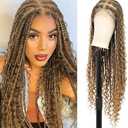Olymei 360° HD Full Lace Front Knotless Braided Wigs for Black Women Boho Braided Wigs with Baby Hair Box Braid Wig Premium Synthetic Braid Lace Front Wig with Curly End Light Brown 36"